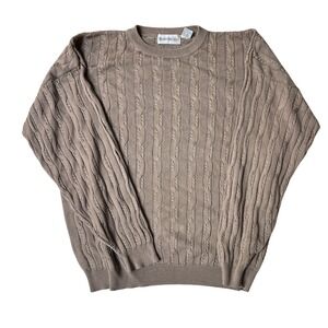 Barry Bricken Vintage 100% Silk Cable Knit Sweater Mens L Taupe Brown Crewneck